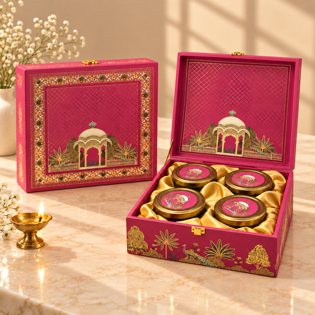 Premium Royal Pink Palace and Gold Dome gift box for Diwali, wedding and corporate gifting