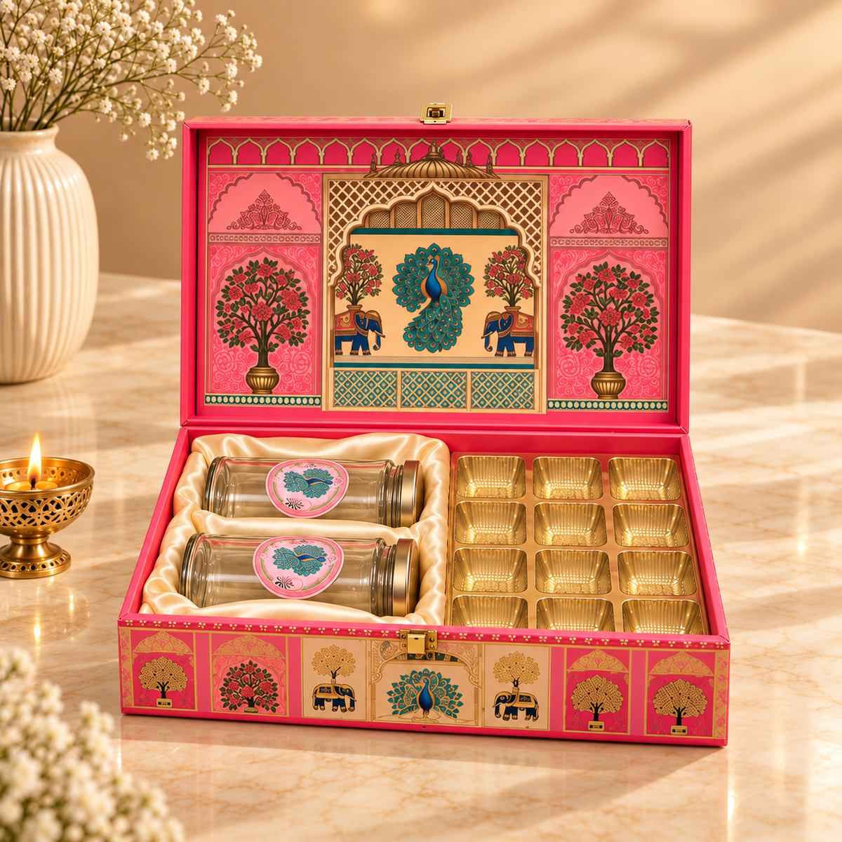 Royal Pink Peacock 2-jar and cavity luxury festive hamper box for Diwali, weddings and corporate gifting in India