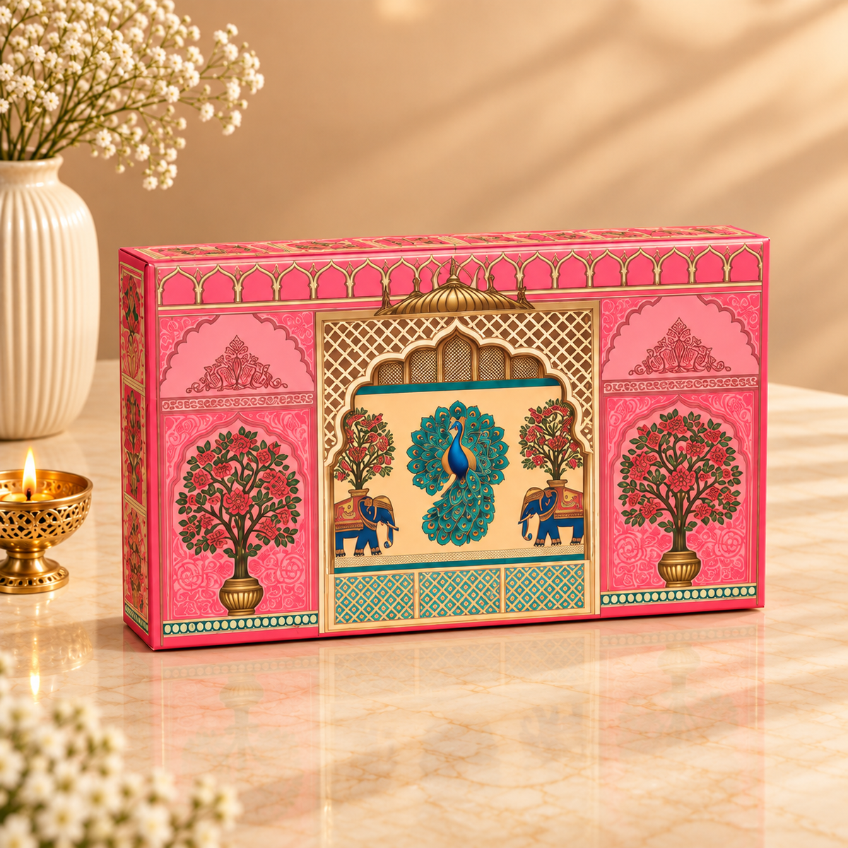 Royal Pink Peacock gift box with two empty jars and cavity space for dry fruits, sweets and chocolates
