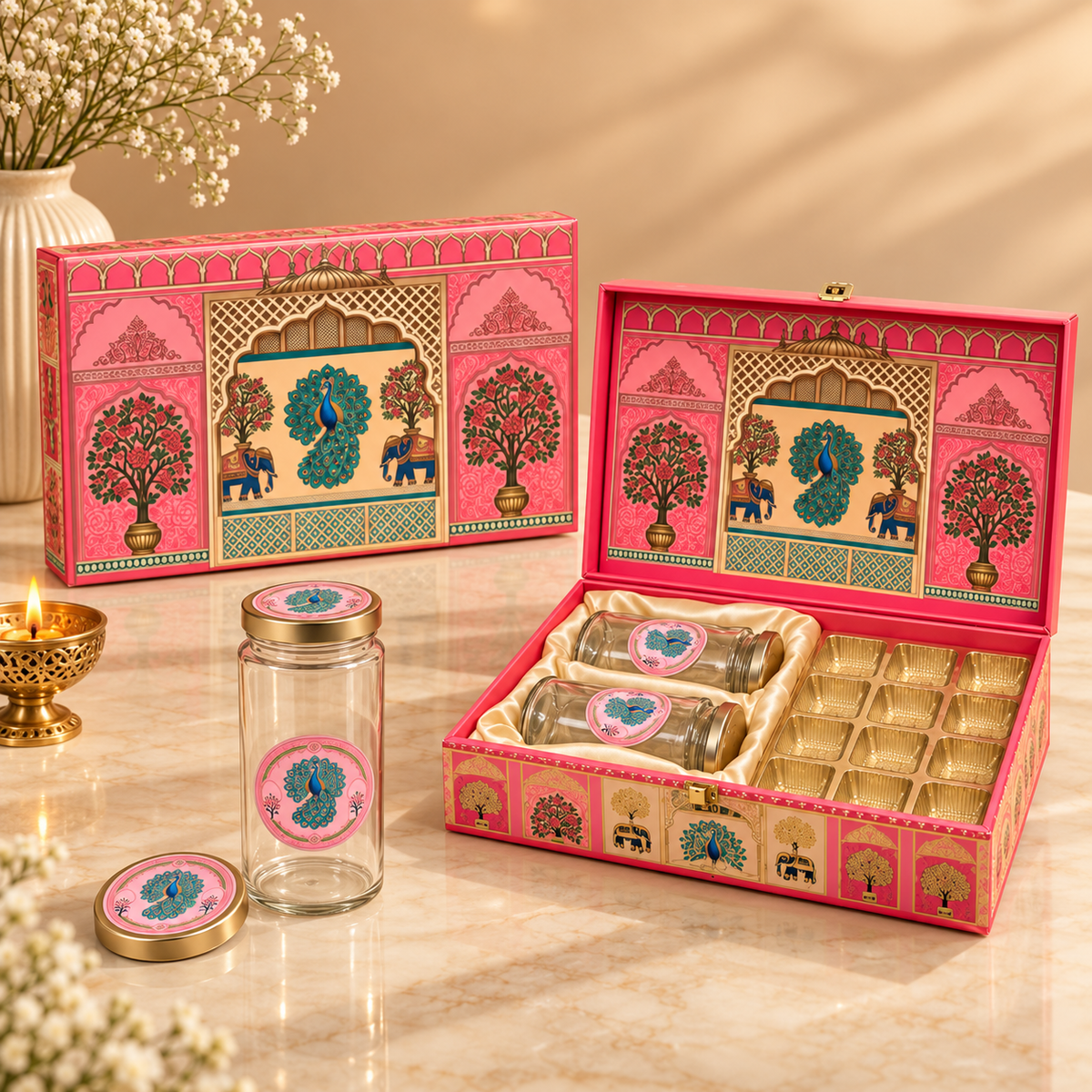 Closed Royal Pink Peacock luxury festive hamper box for Diwali, weddings and premium gifting