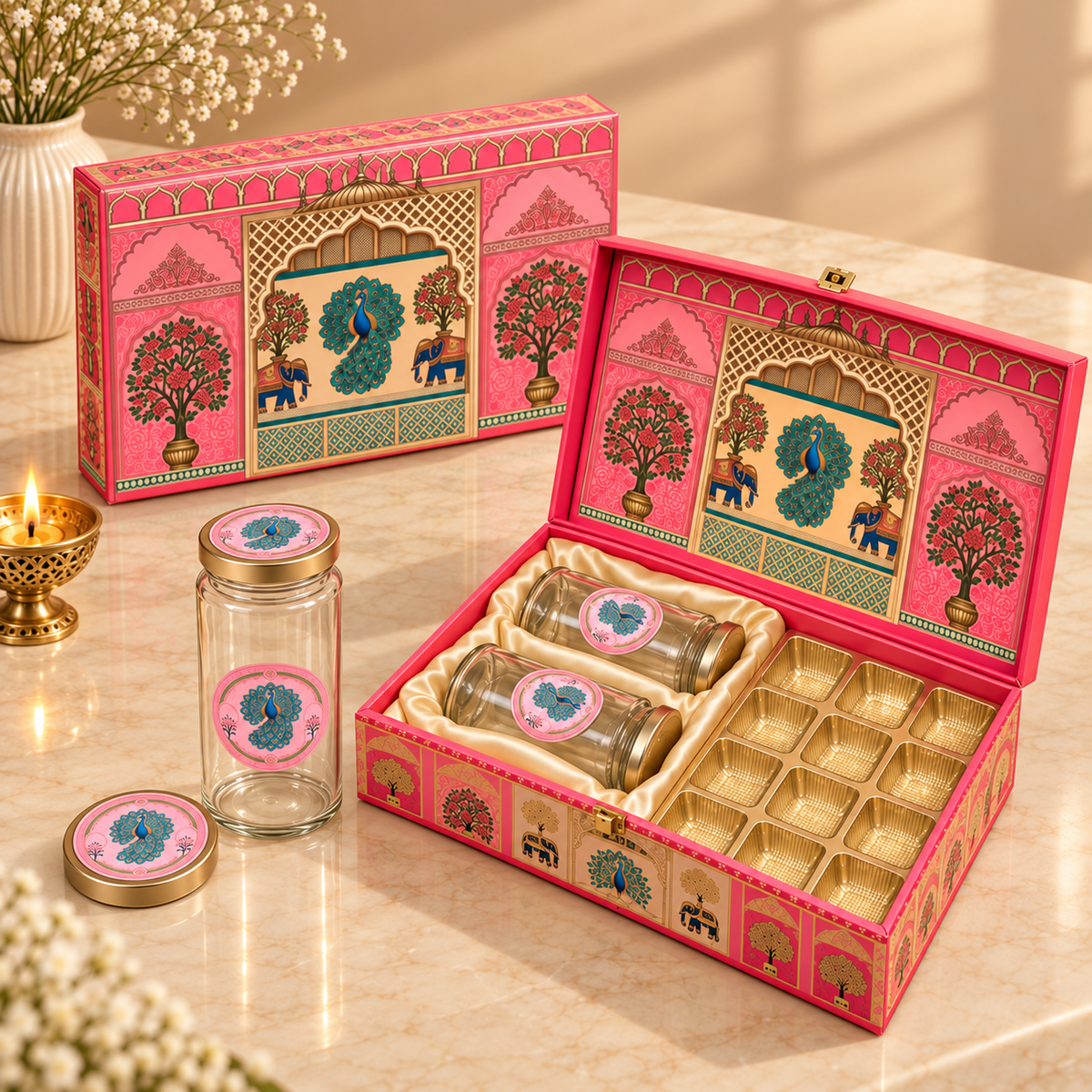 Open Royal Pink Peacock hamper box with two empty jars and cavity section for customized festive gifting