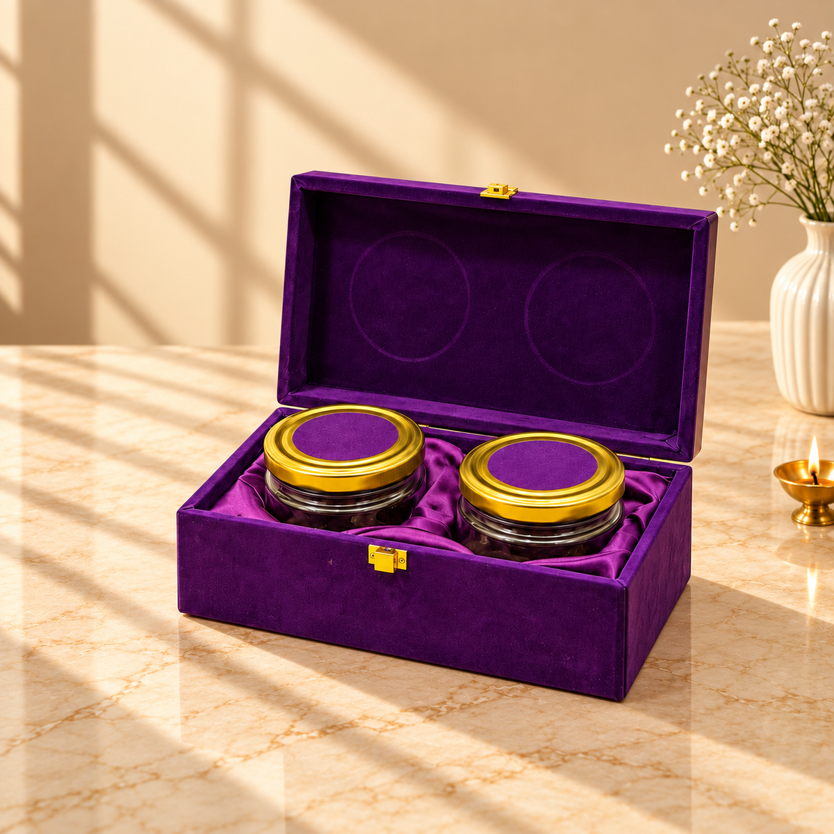 Royal Plum and Deep Purple Velvet 2-jar luxury festive gift hamper box without dry fruits