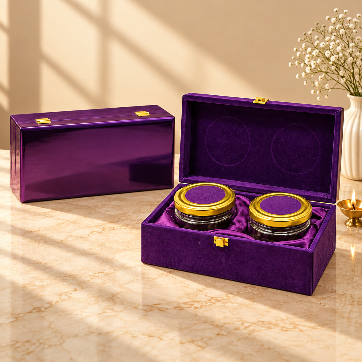 Open Royal Plum and Deep Purple Velvet gift box with two empty jars for customized festive and wedding gifting