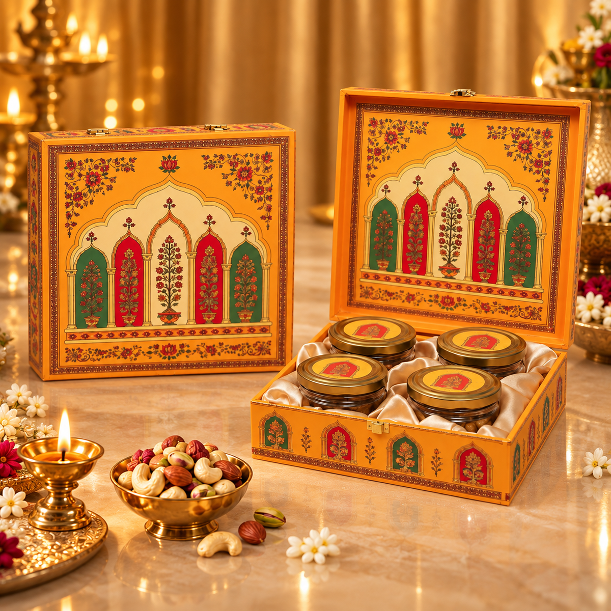 Open Royal Rajwadi Jharokha Yellow 4-jar gift box for dry fruits, sweets, chocolates and festive gifting