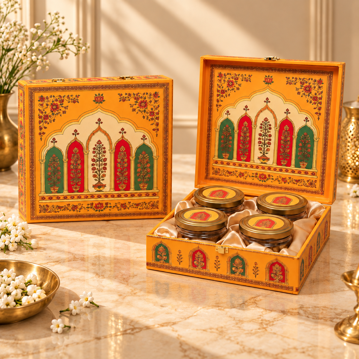Premium Royal Rajwadi Jharokha Yellow gift box for Diwali, wedding, haldi and corporate gifting