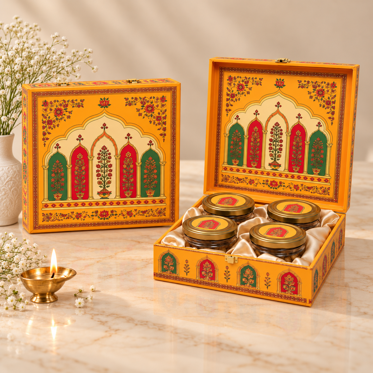Royal Rajwadi Jharokha Yellow 4-jar luxury dry fruit gift box for Diwali, weddings, haldi and corporate gifting