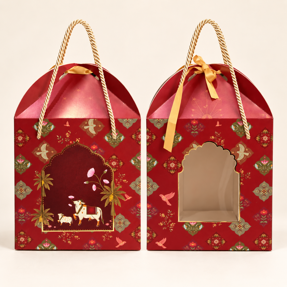 Royal Red Paper Dome Window Hamper Box with Rope Handle – 8 x 12 x 8 Inch