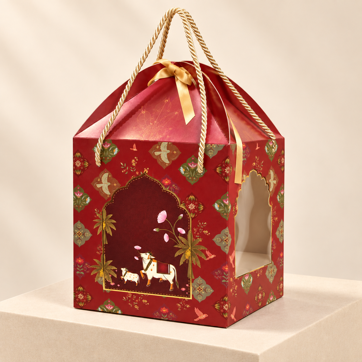 Royal Red Paper Dome Window Hamper Box with Rope Handle – 8 x 12 x 8 Inch