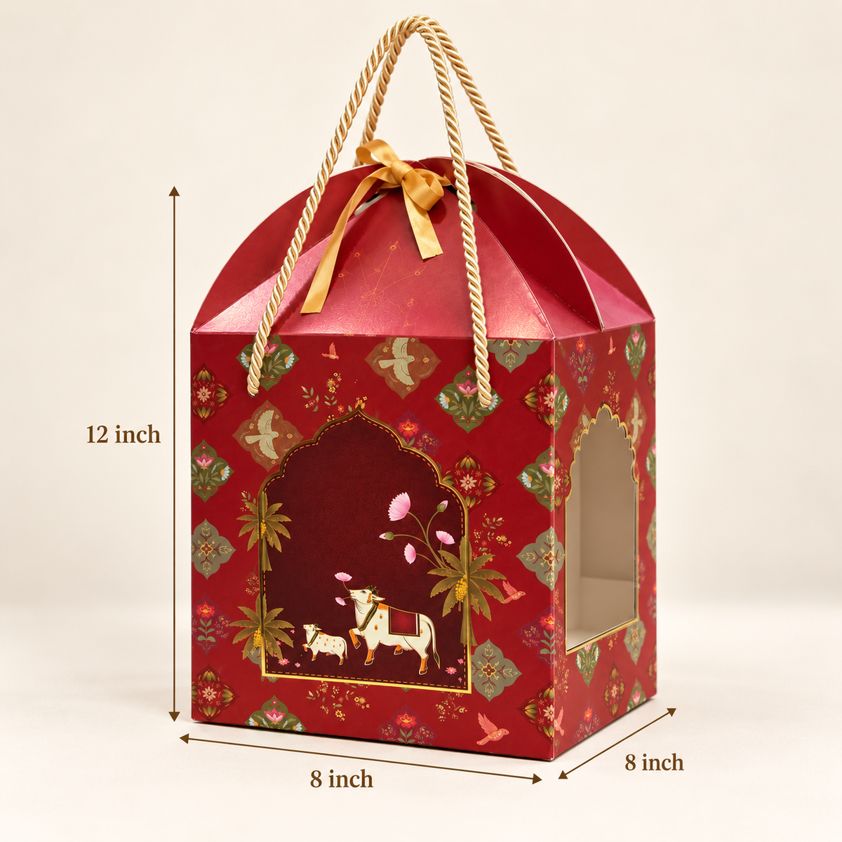 Royal Red Paper Dome Window Hamper Box with Rope Handle – 8 x 12 x 8 Inch