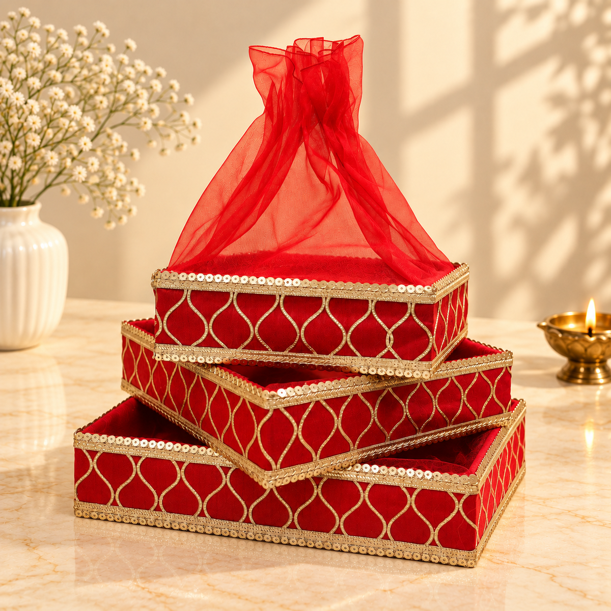 Royal Red and Gold Filigree Lattice gift tray set of 3 with coordinated red net drape