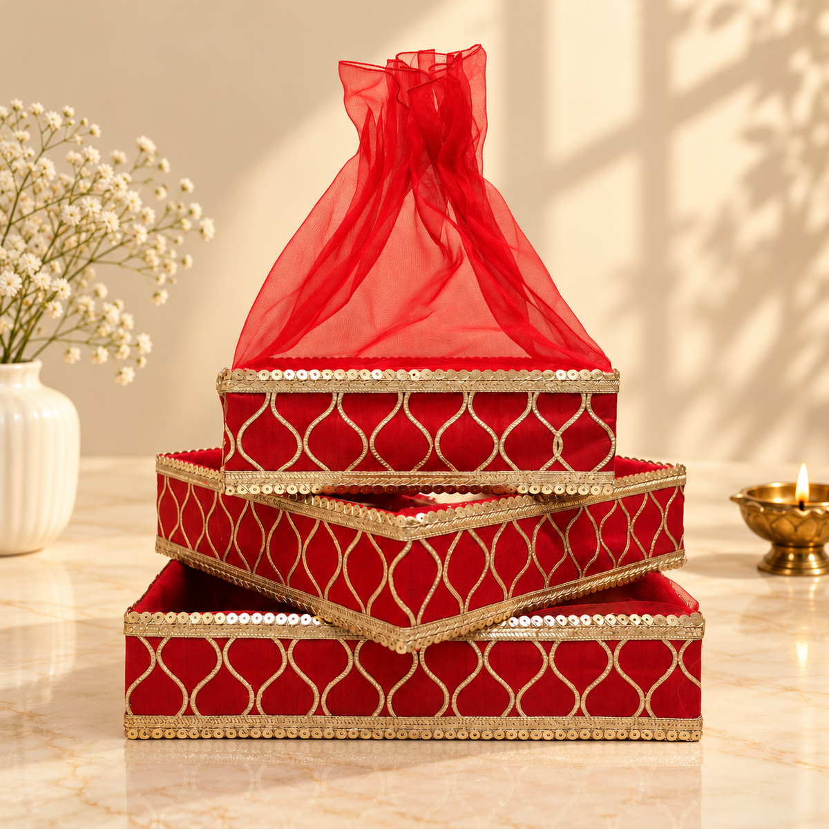 Royal Red and Gold Filigree Lattice gift tray for Diwali hampers, wedding trousseau and festive packaging