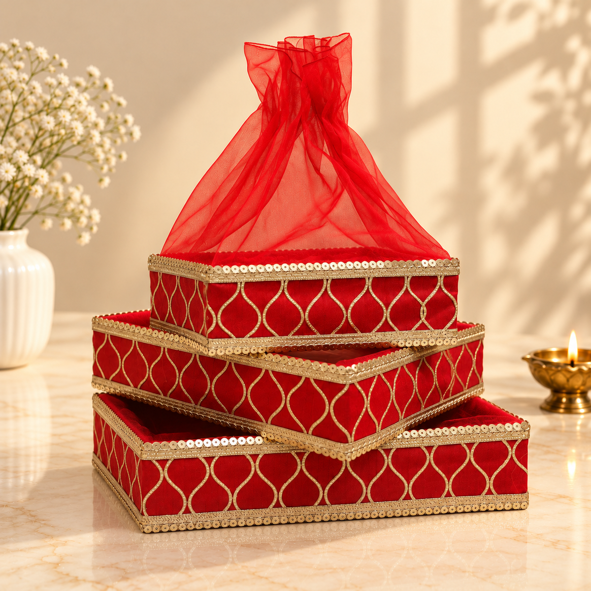 Royal Red and Gold Filigree Lattice 3-piece gift tray set with red net drape for festive gifting in India