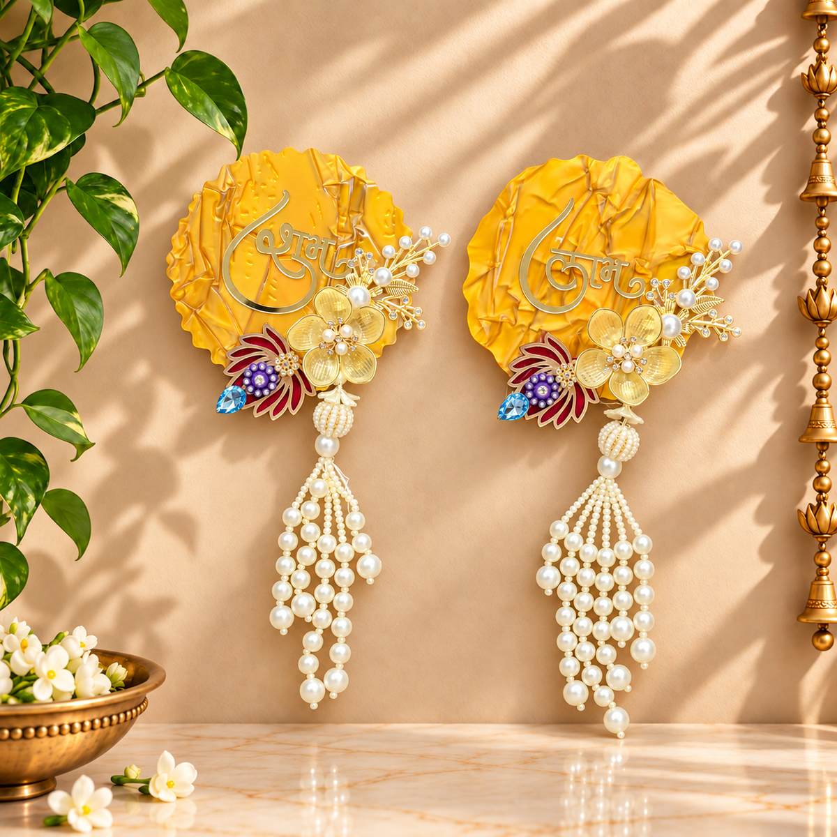 Ruffled Golden-Yellow Shubh Labh plaques displayed on main door for Diwali and Gruh Pravesh decoration