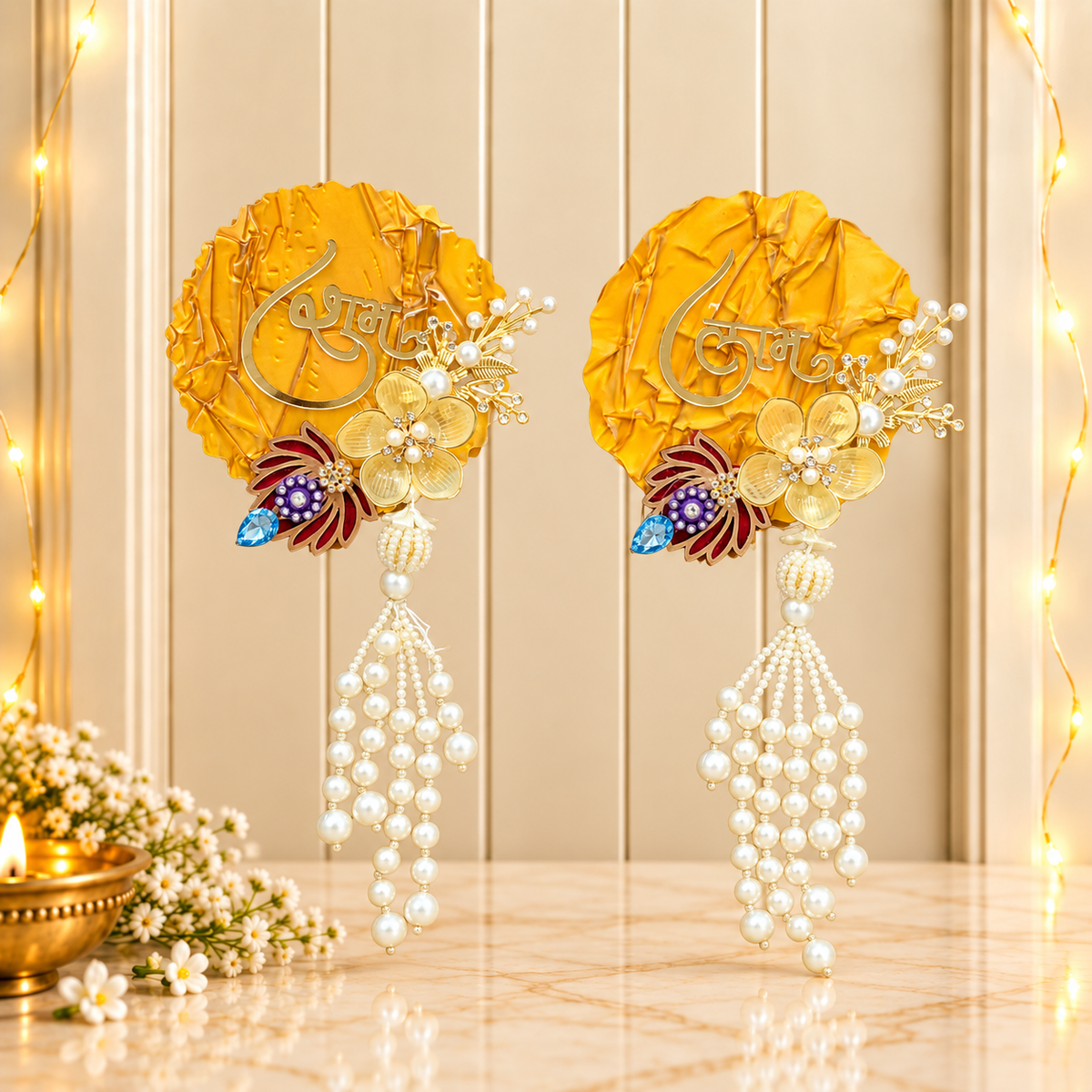 Golden-Yellow Shubh Labh plaque pair with ruffled textured detailing for traditional Diwali decor
