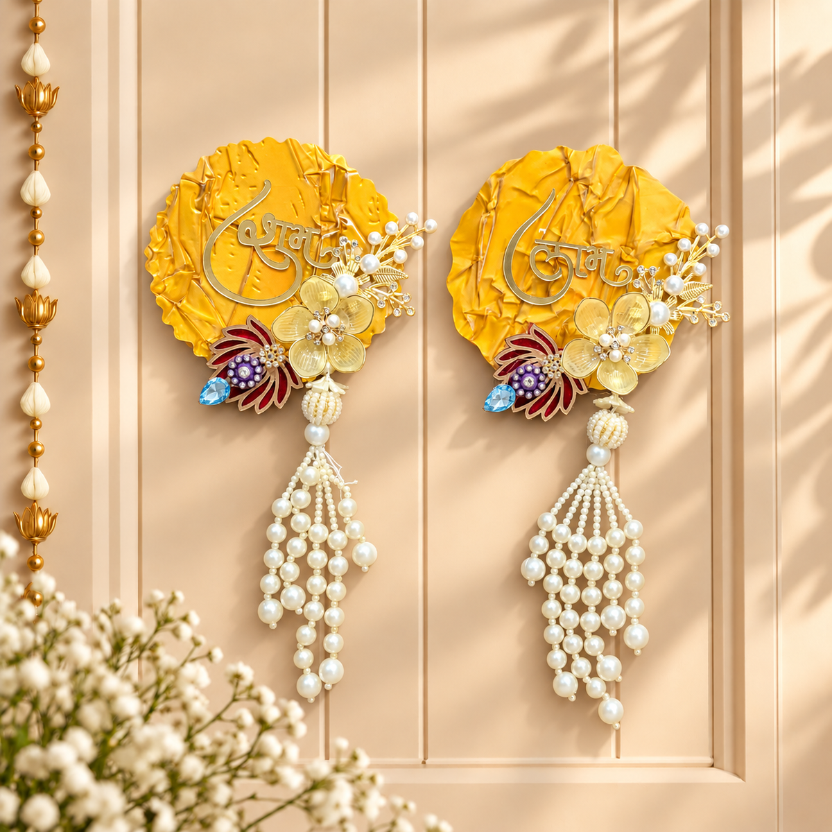 Ruffled Golden-Yellow Shubh Labh plaque pair for Diwali main door and home decoration in India