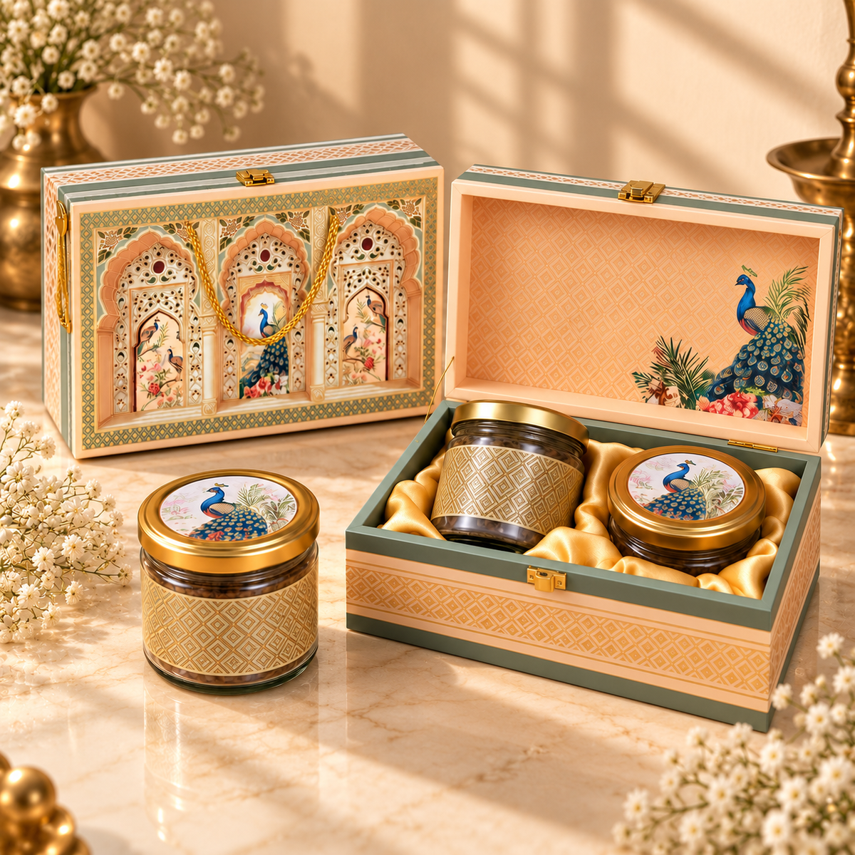 Sage Green and Peach Peacock gift box with two empty glass jars for dry fruits, sweets, mukhwas or chocolates