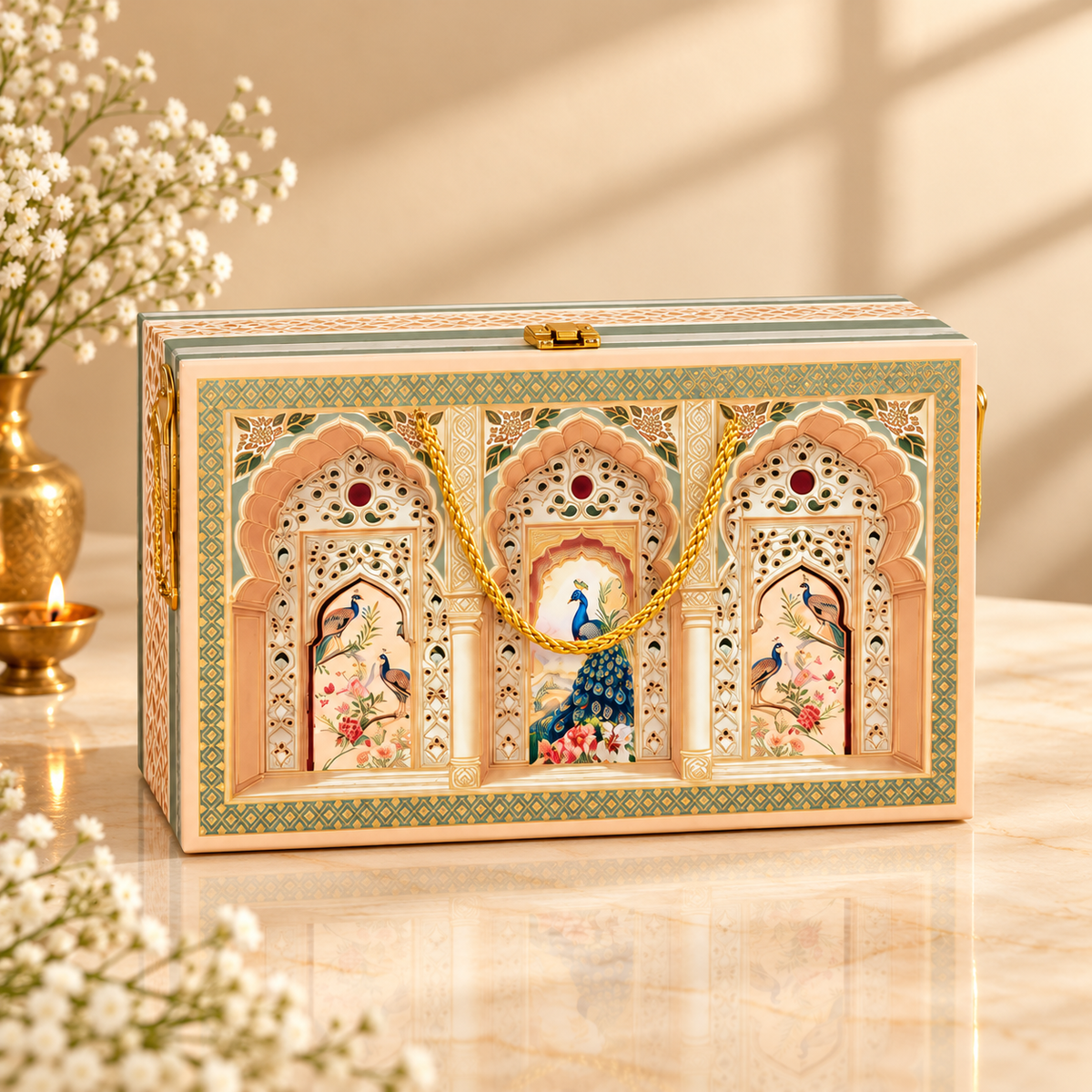 Closed Sage Green and Peach Peacock luxury hamper box with royal arch artwork and gold clasp