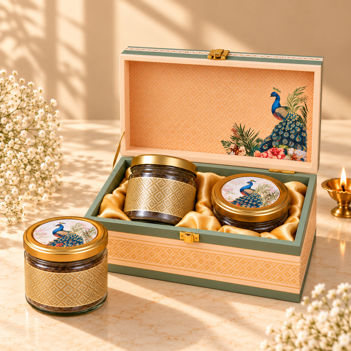 Open Sage Green and Peach Peacock hamper box with two empty glass jars and premium satin interior