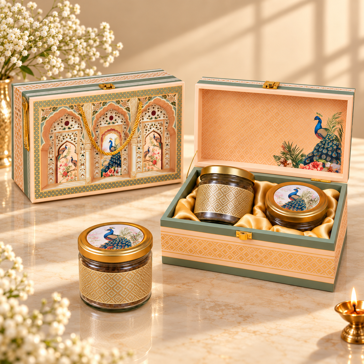 Sage Green and Peach Peacock 2-jar luxury festive hamper box for Diwali, weddings and corporate gifting in India