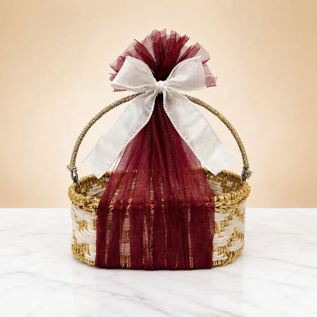 (Set of 3) Premium Golden Handle Basket with Maroon Net & White Bow for Wedding Hampers, Return Gifts & Trousseau Packing