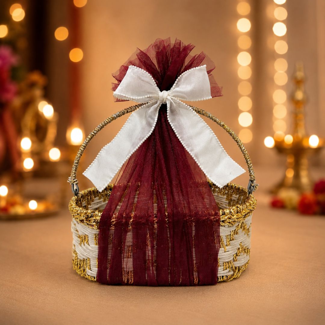 (Set of 3) Premium Golden Handle Basket with Maroon Net & White Bow for Wedding Hampers, Return Gifts & Trousseau Packing