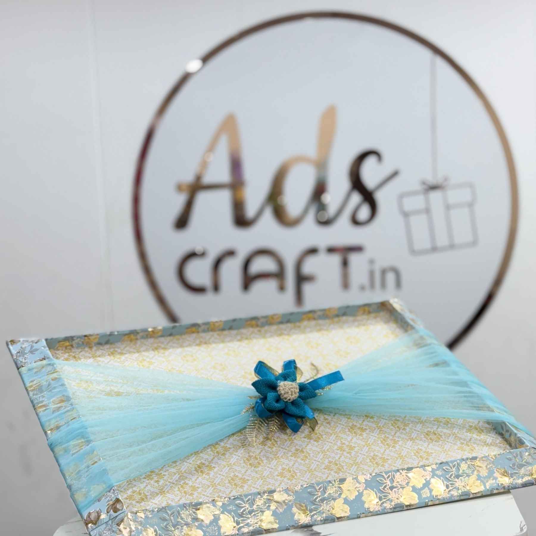 Ready-to-Use Wedding Trousseau Tray with Blue Tulle and Jute Crochet Flower Decoration