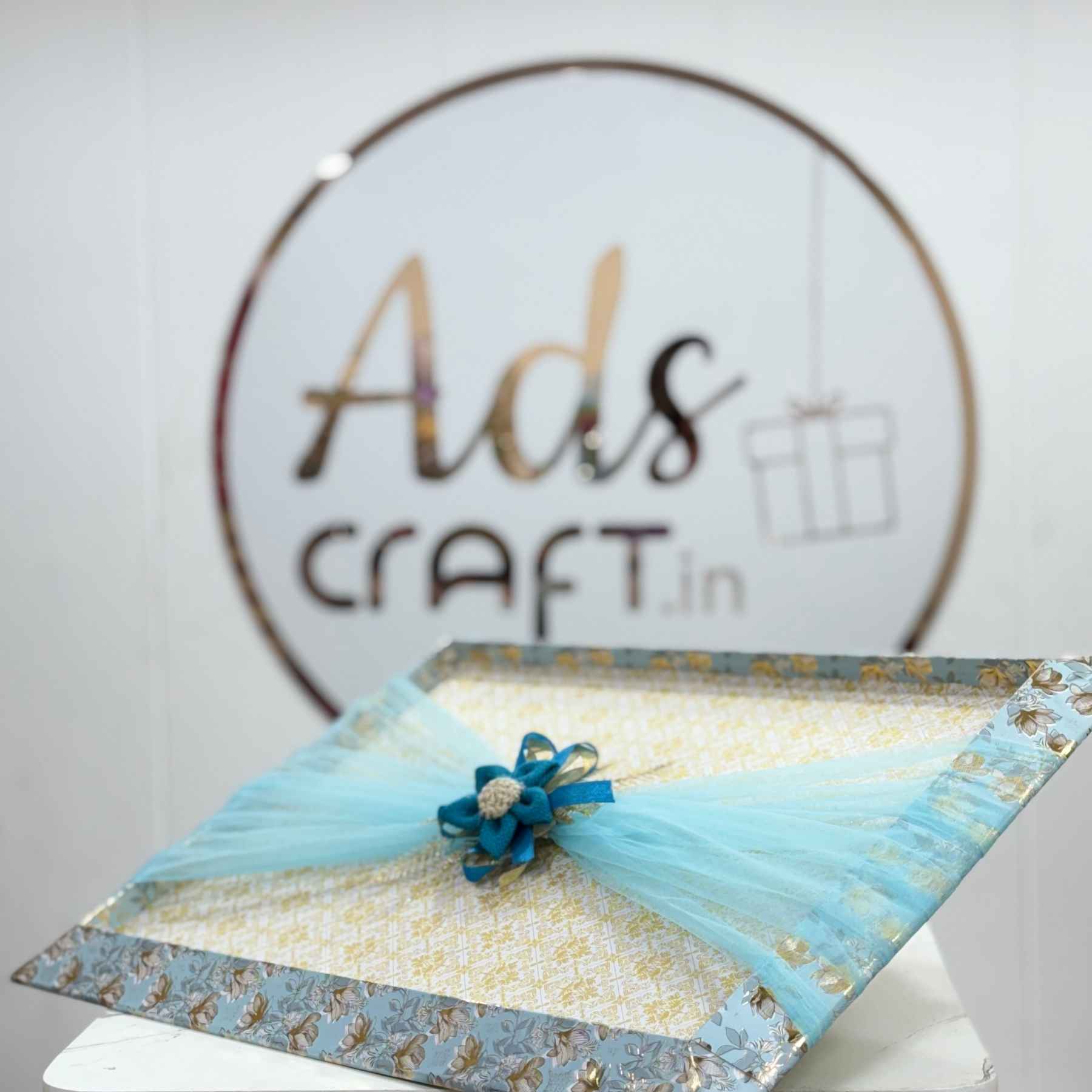 Ready-to-Use Wedding Trousseau Tray with Blue Tulle and Jute Crochet Flower Decoration