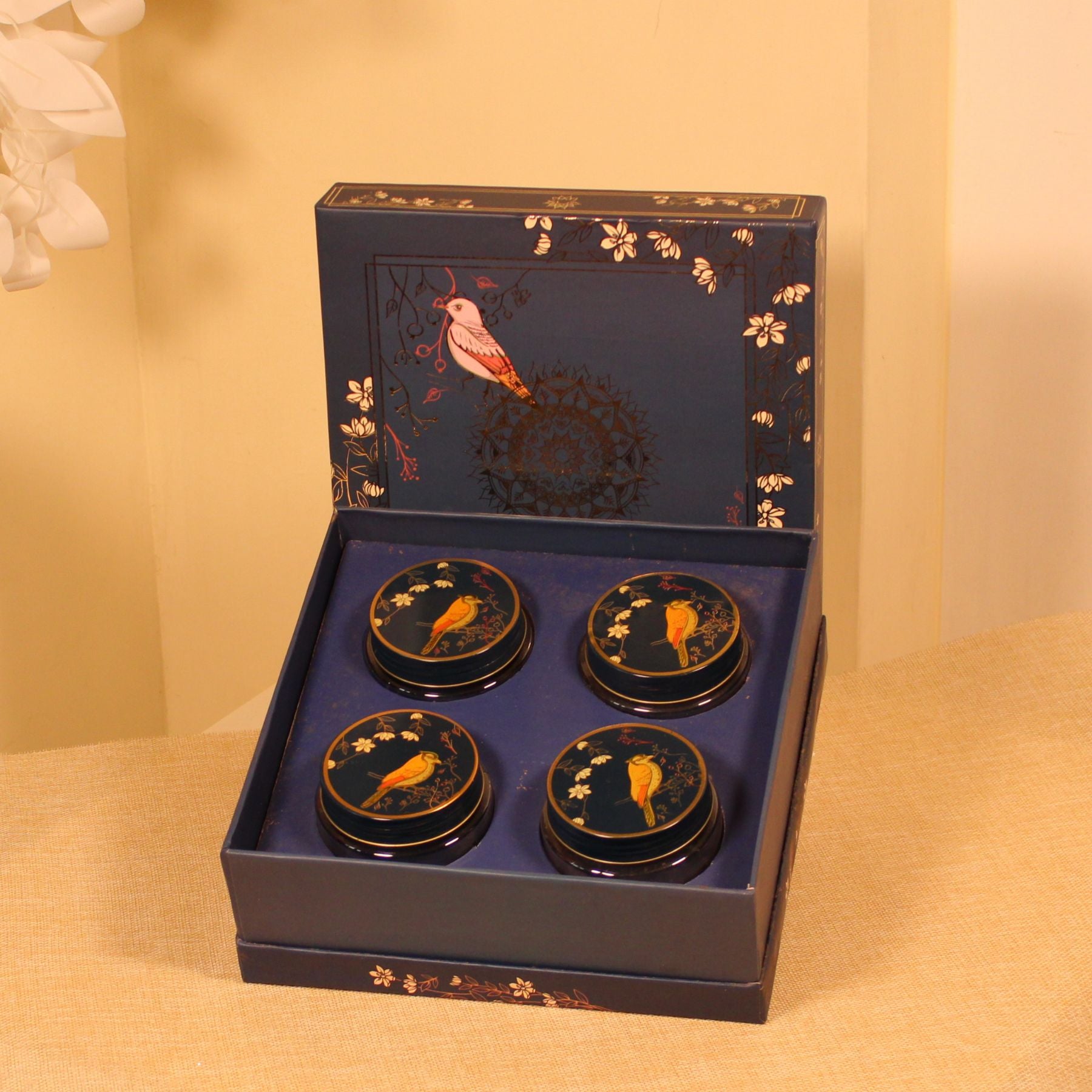 Royal Blue Floral & Bird Printed Premium Dry Fruit Box with 4 Glass Jars – For Gift Hampers & Diwali Hampers