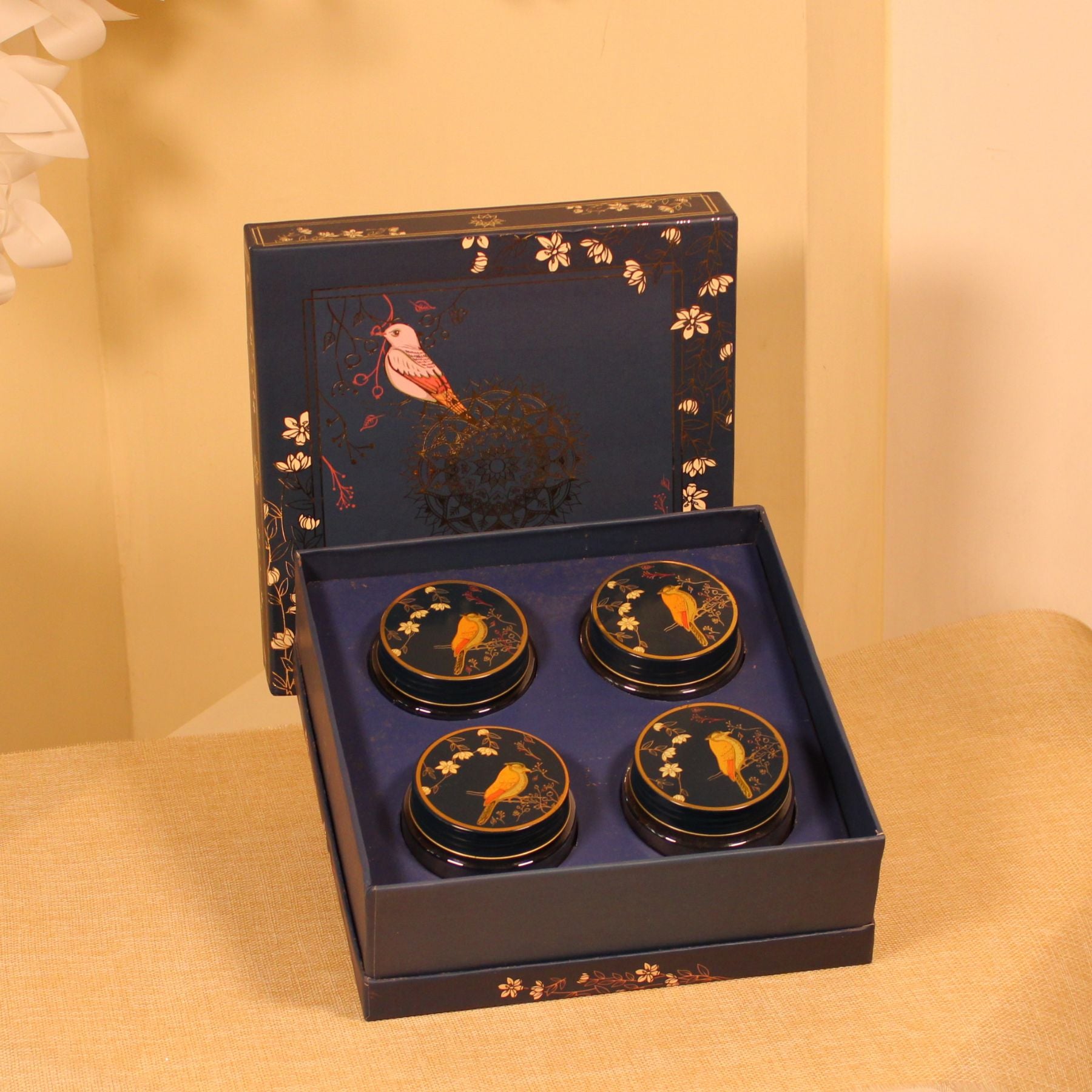 Royal Blue Floral & Bird Printed Premium Dry Fruit Box with 4 Glass Jars – For Gift Hampers & Diwali Hampers