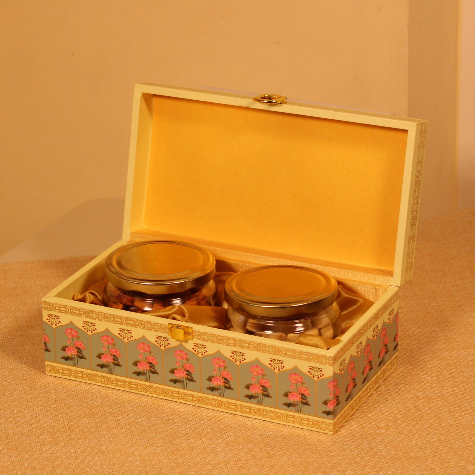 Royal Yellow Floral Printed Wedding Theme Dry Fruit Box with 2 Glass Jars – For Premium Gift Hampers & Diwali Hampers