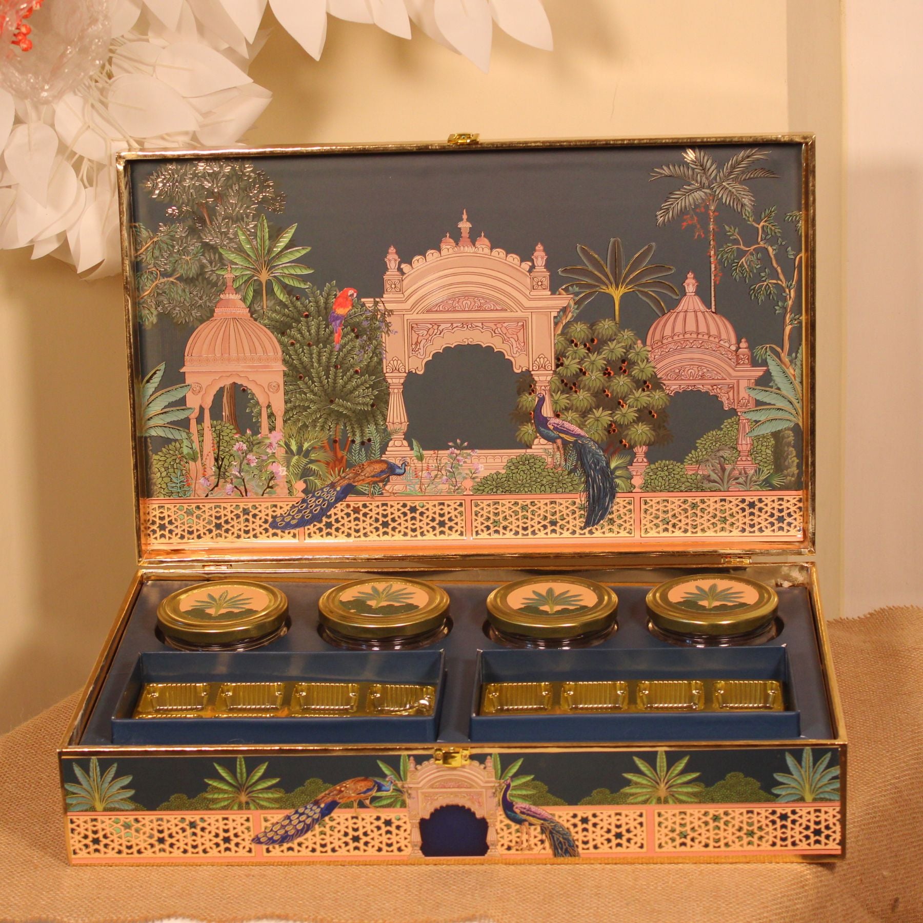 Royal Blue Palace Garden Printed 4 Jar & 2 Cavity Dry Fruit and Chocolate Box – For Premium Gift Hampers & Diwali Hampers