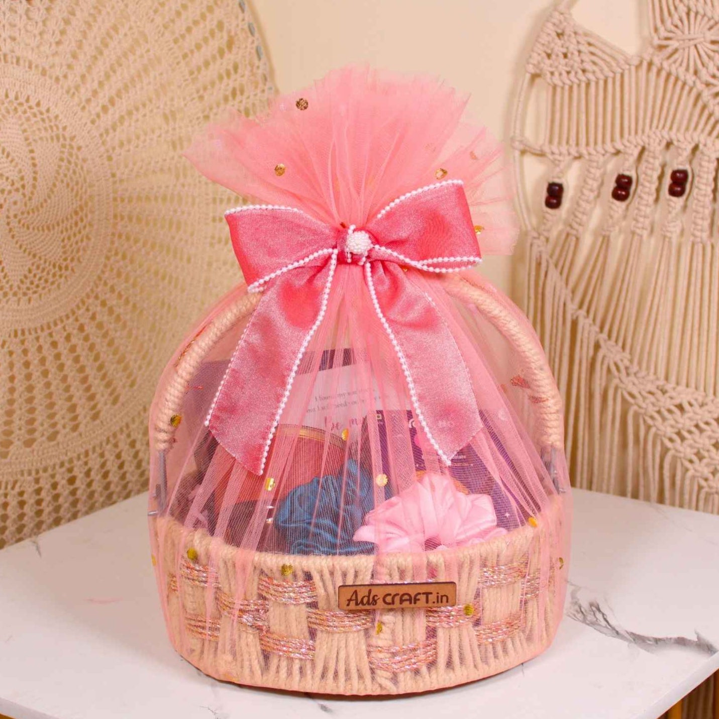 Elegant Pink Net Bridesmaid Gift Basket – With Perfume, Chocolates & Scrunchies by Adscraft
