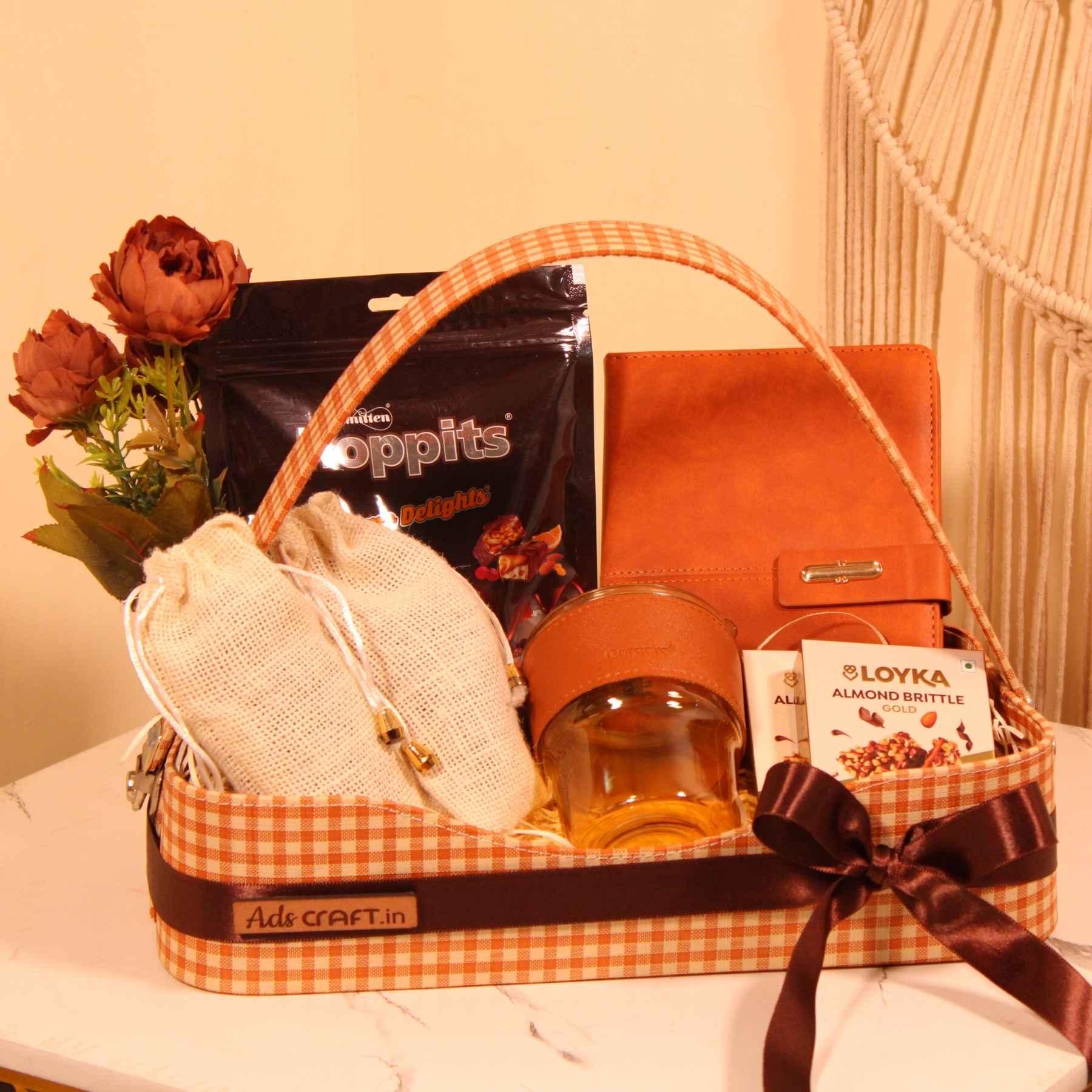 Classic Brown Check Gift Hamper with Diary, Glass Sipper & Chocolates – Stylish & Practical