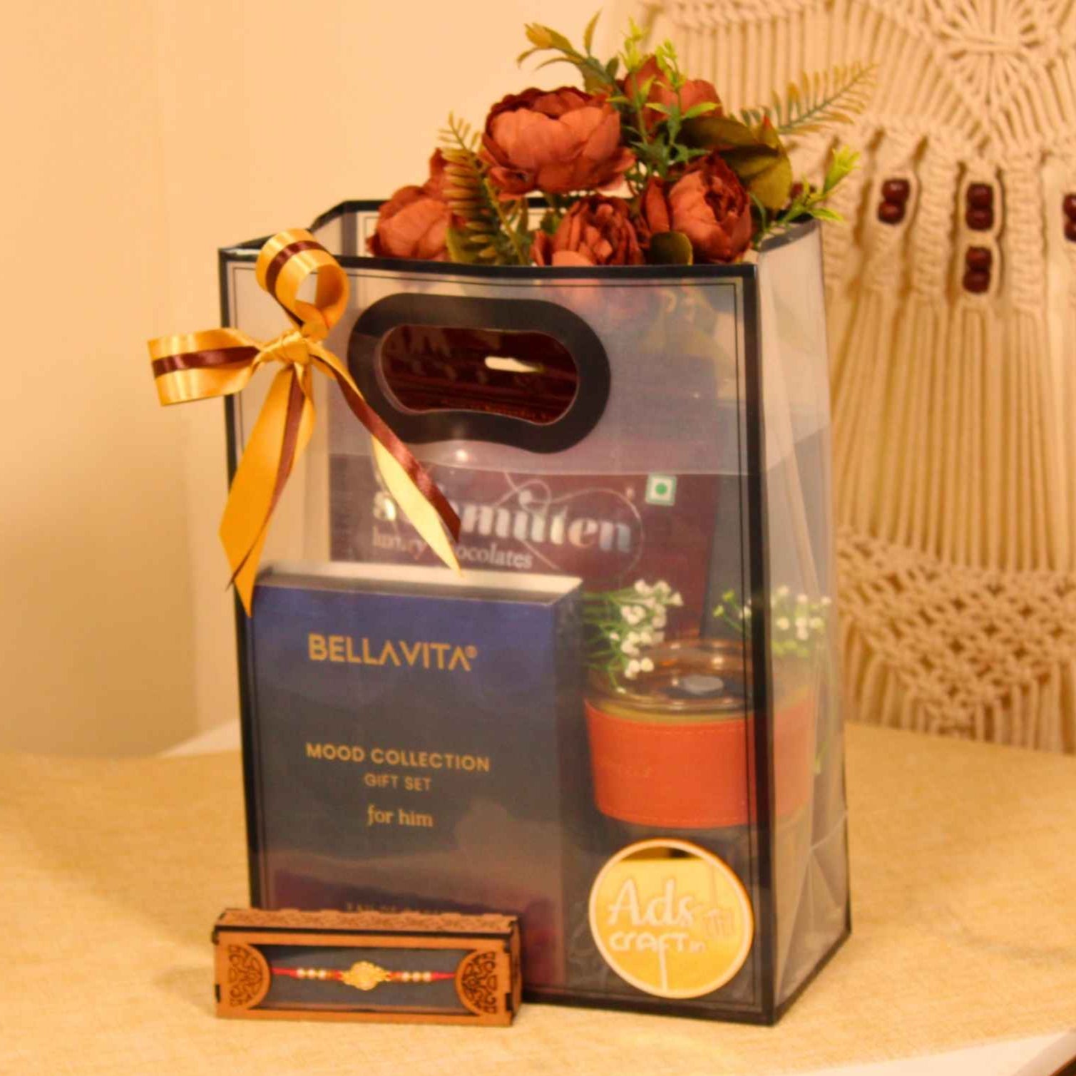 Stylish Men's Gifting Tote with Perfume, Chocolates & Artificial Décor