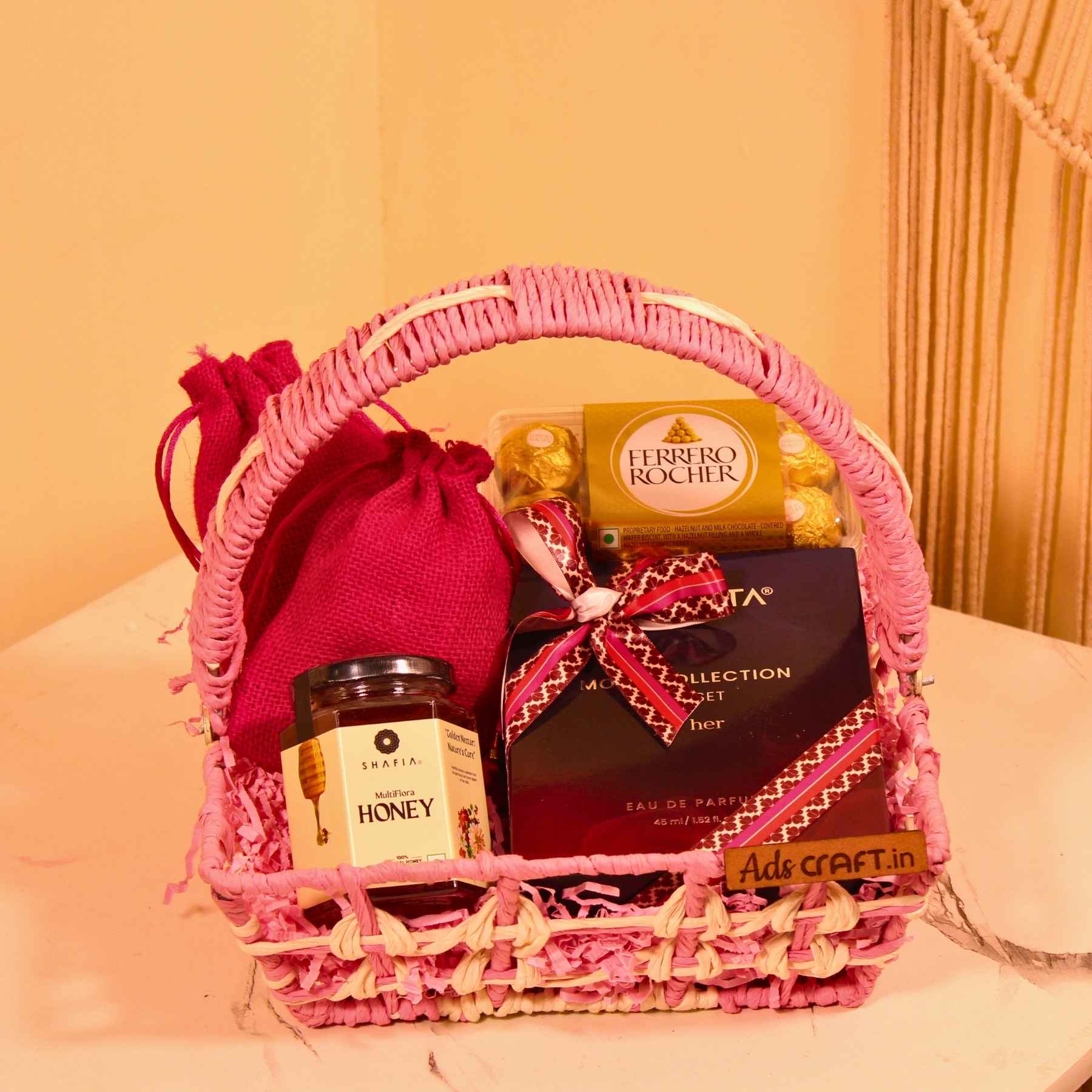 Pink Luxe Rakhi Basket – Perfume, Honey & Ferrero Surprise