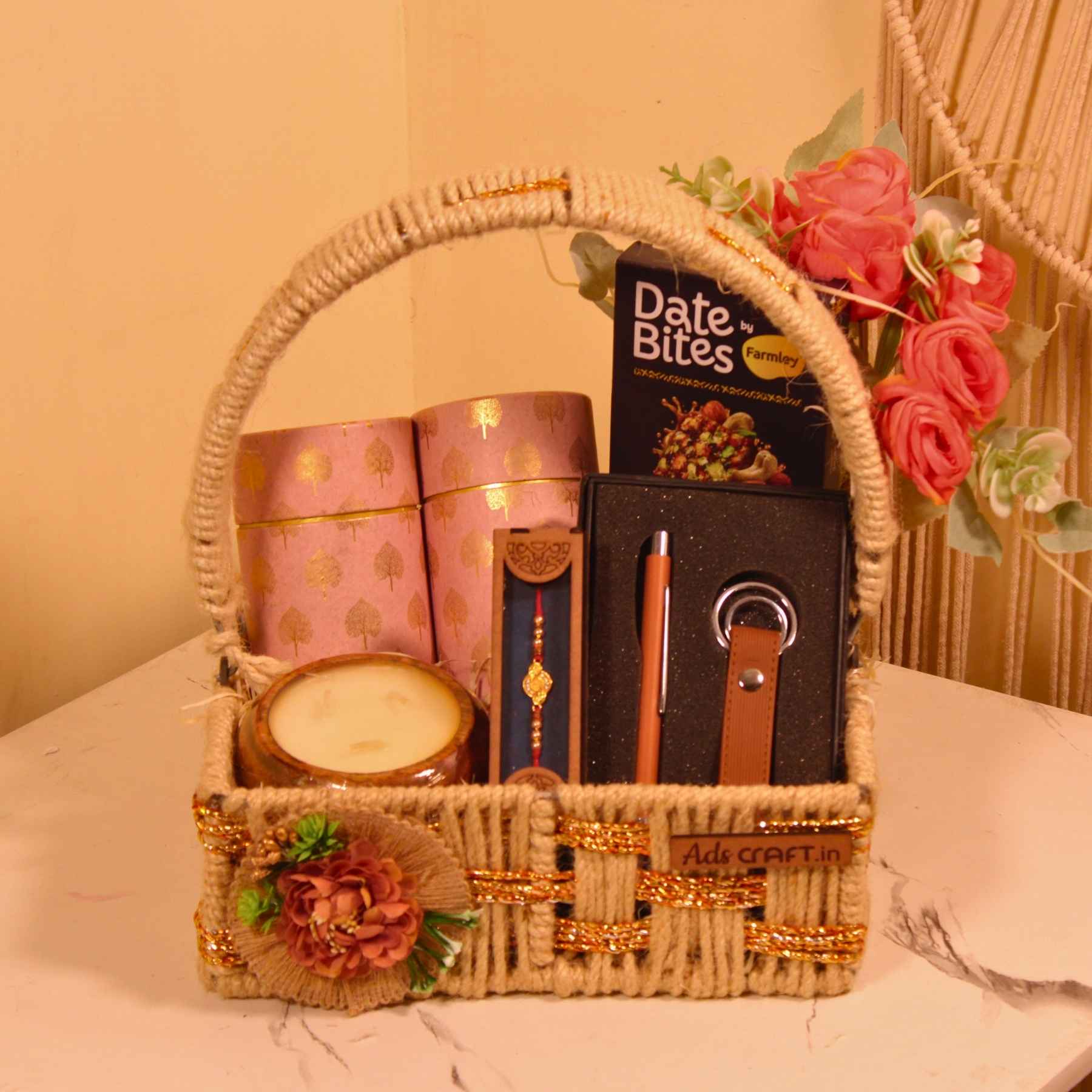 Rustic Charm Rakhi Hamper – Office Essentials & Festive Treats in Jute Basket