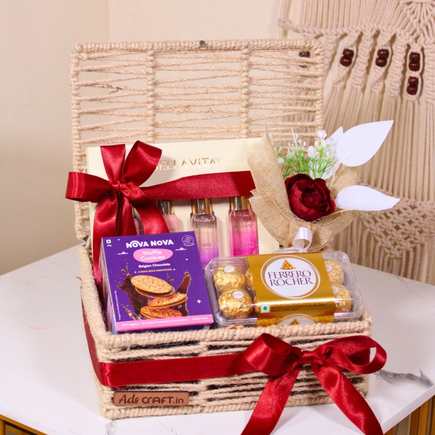 Elegant Red-Ribbon Jute Gift Basket with Perfume, Chocolates & Floral Decor
