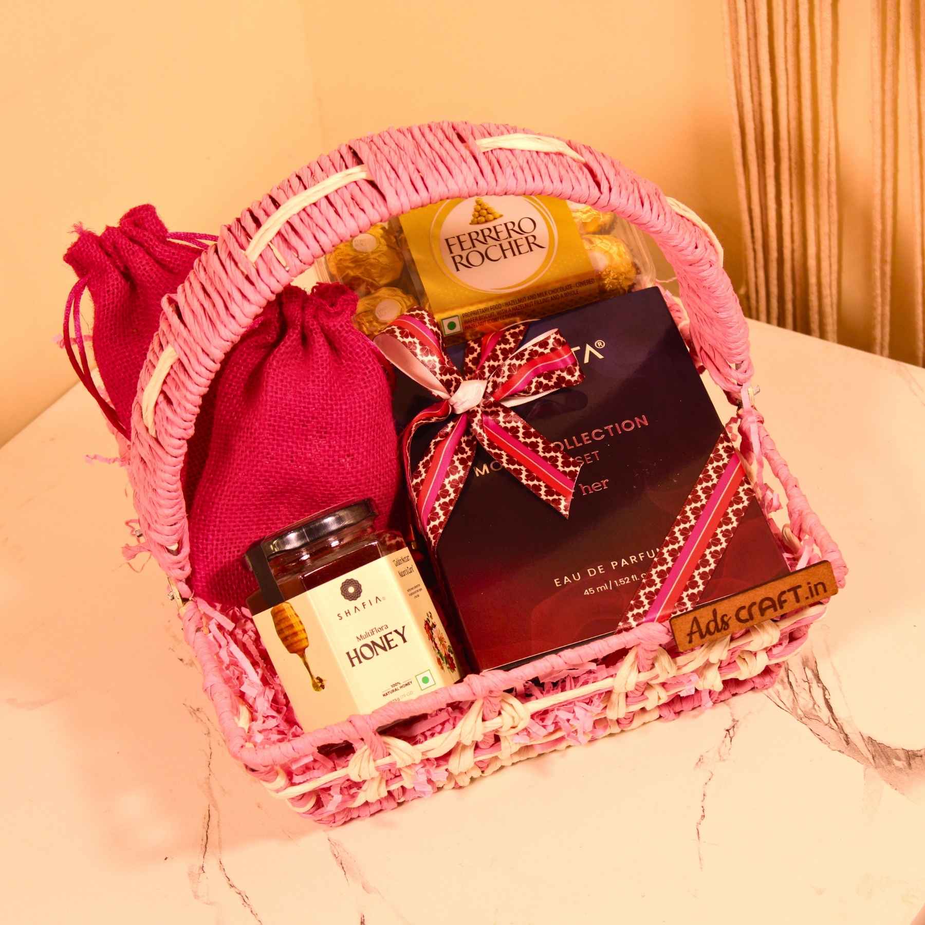 Pink Luxe Rakhi Basket – Perfume, Honey & Ferrero Surprise
