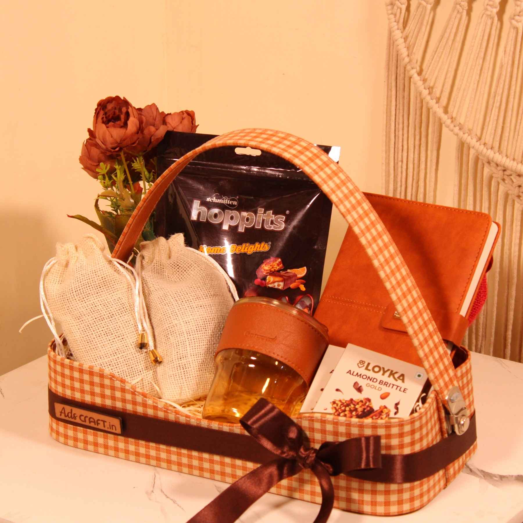 Classic Brown Check Gift Hamper with Diary, Glass Sipper & Chocolates – Stylish & Practical