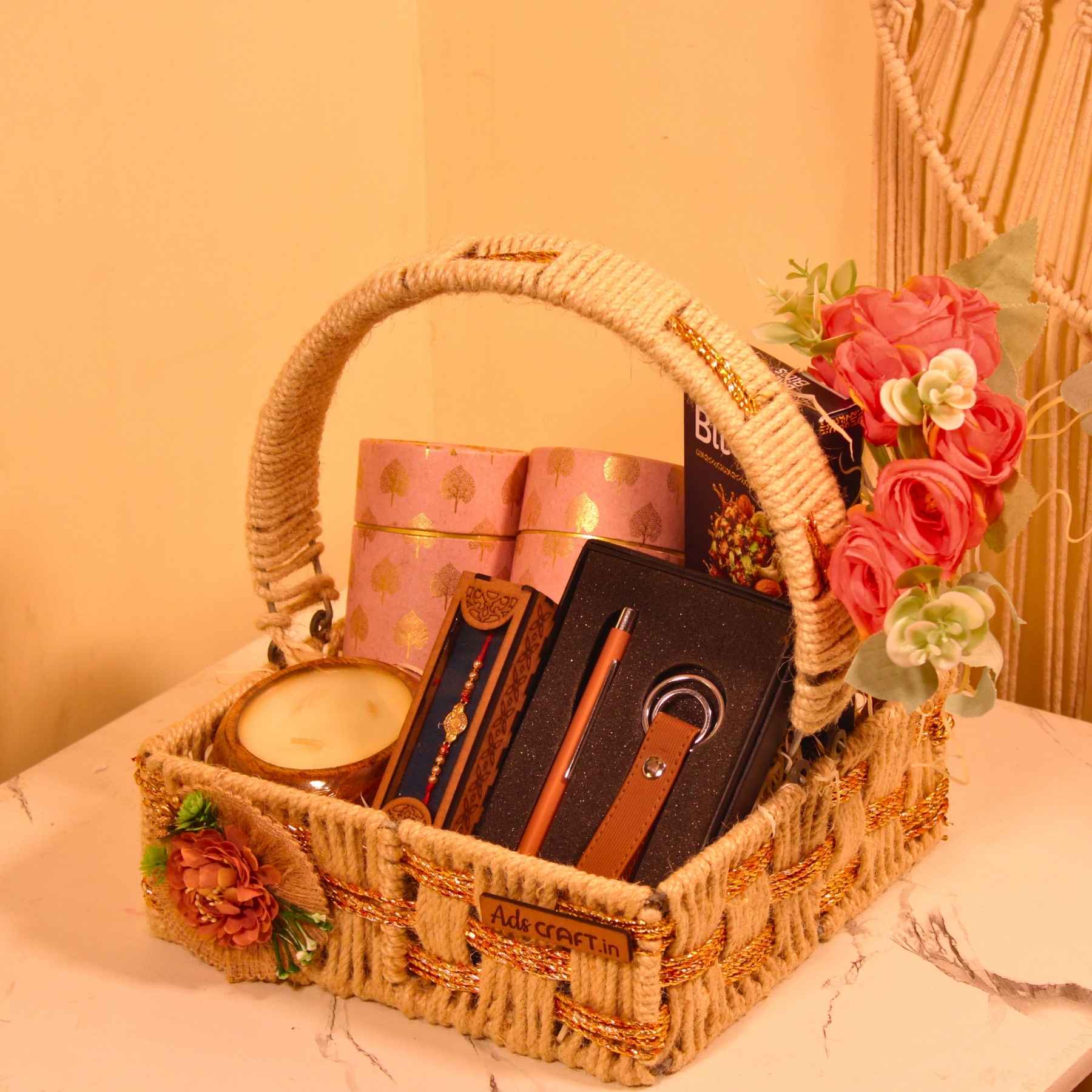 Rustic Charm Rakhi Hamper – Office Essentials & Festive Treats in Jute Basket