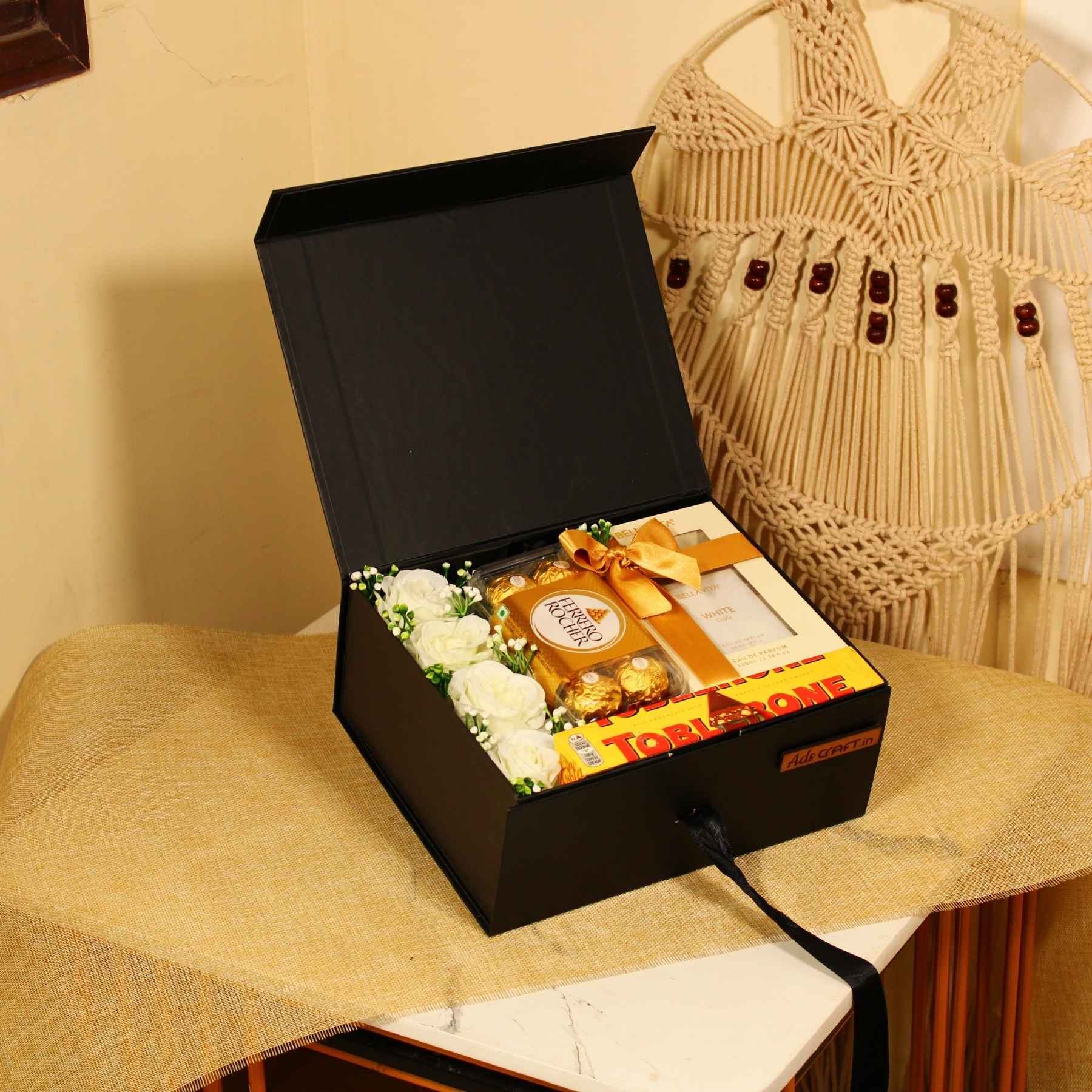 Elegant Gift Hamper with Premium Chocolates & Luxury Perfume in Black Magnetic Box