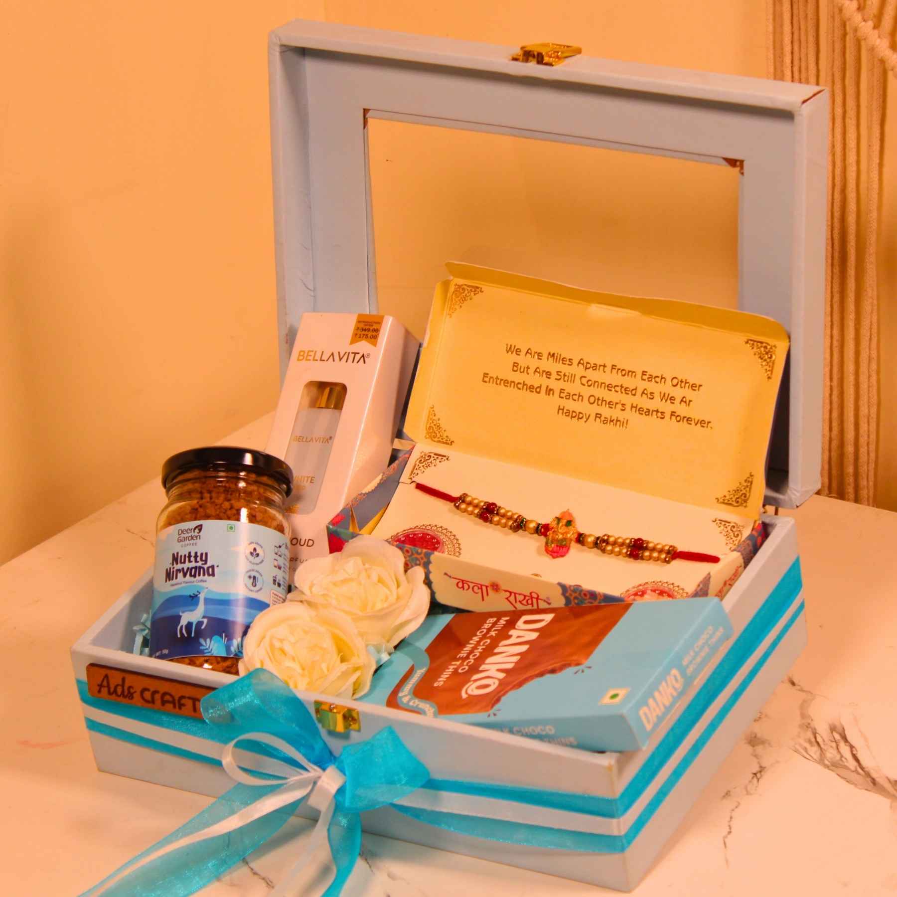 Blue Bliss Rakhi Box – Perfume, Nut Jar & Rakhi in Glass-Top Gift Case