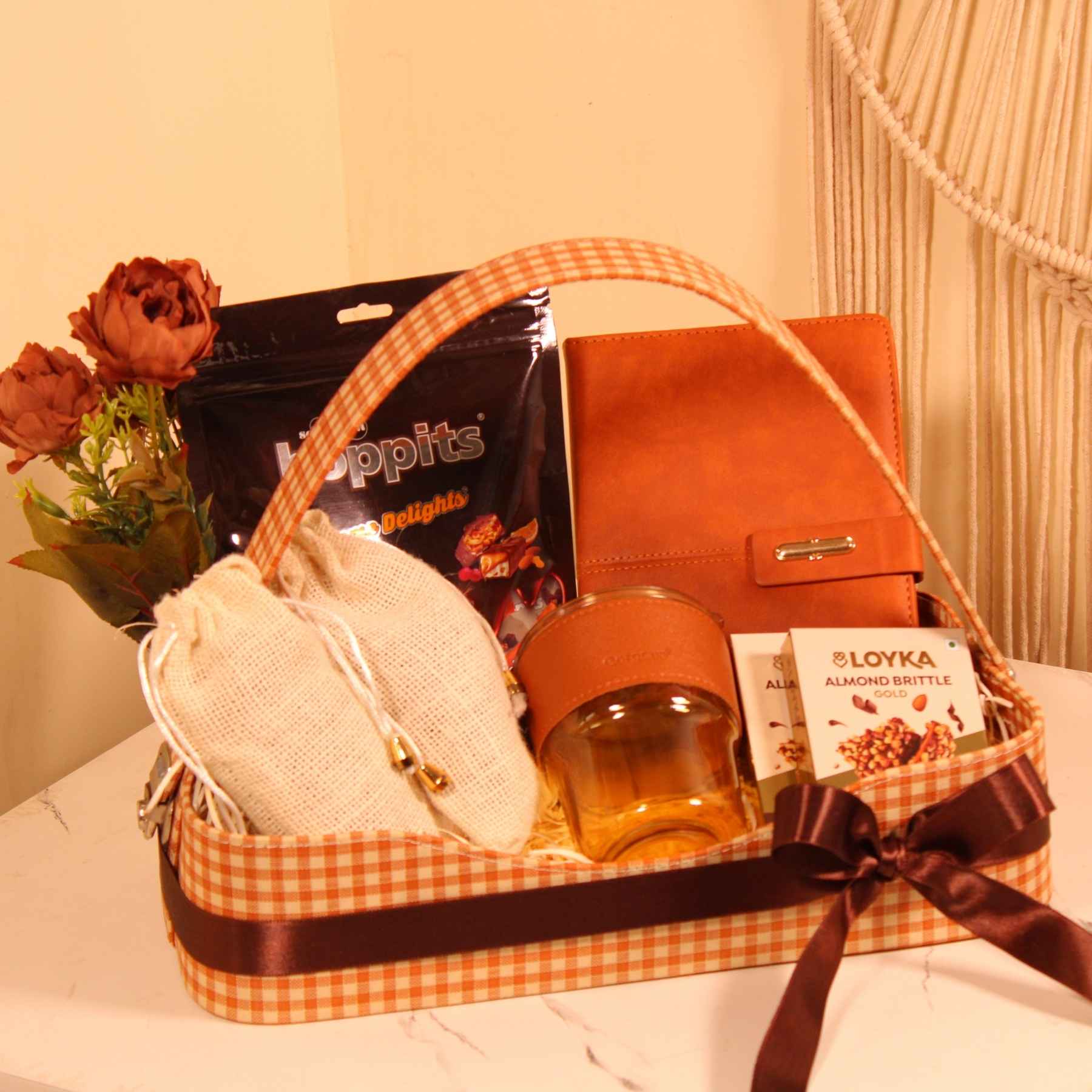 Classic Brown Check Gift Hamper with Diary, Glass Sipper & Chocolates – Stylish & Practical