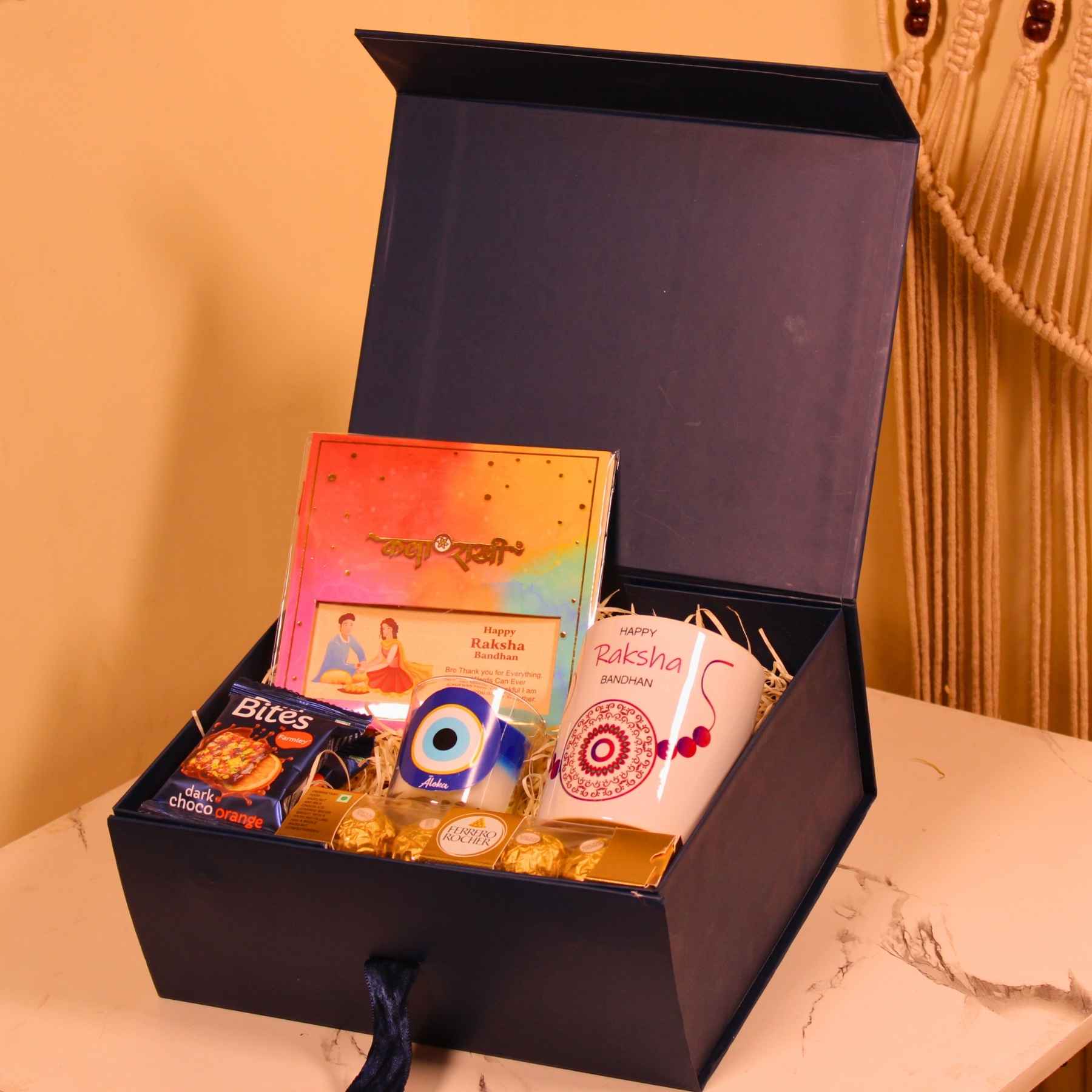 Midnight Blue Rakhi Box – Mug, Evil Eye Candle & Chocolates Hamper