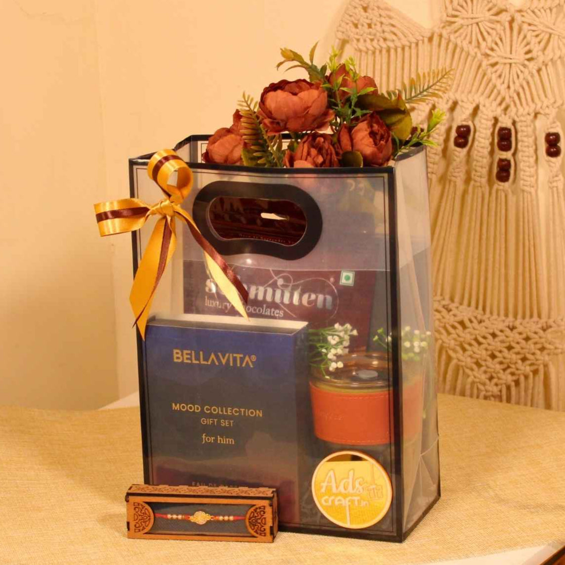 Stylish Men's Gifting Tote with Perfume, Chocolates & Artificial Décor