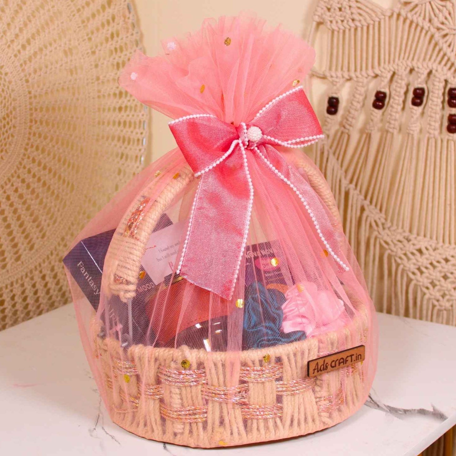 Elegant Pink Net Bridesmaid Gift Basket – With Perfume, Chocolates & Scrunchies by Adscraft