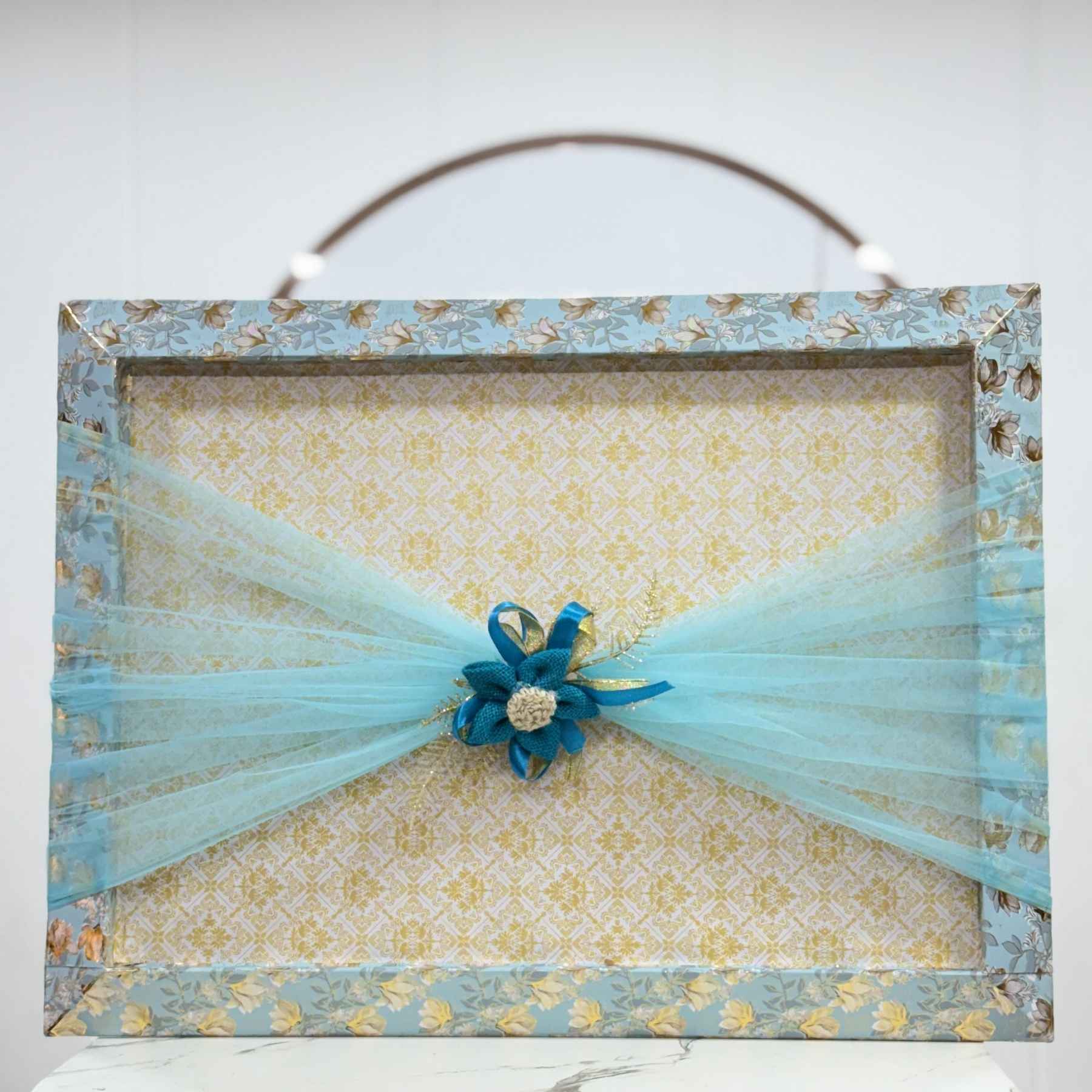 Ready-to-Use Wedding Trousseau Tray with Blue Tulle and Jute Crochet Flower Decoration