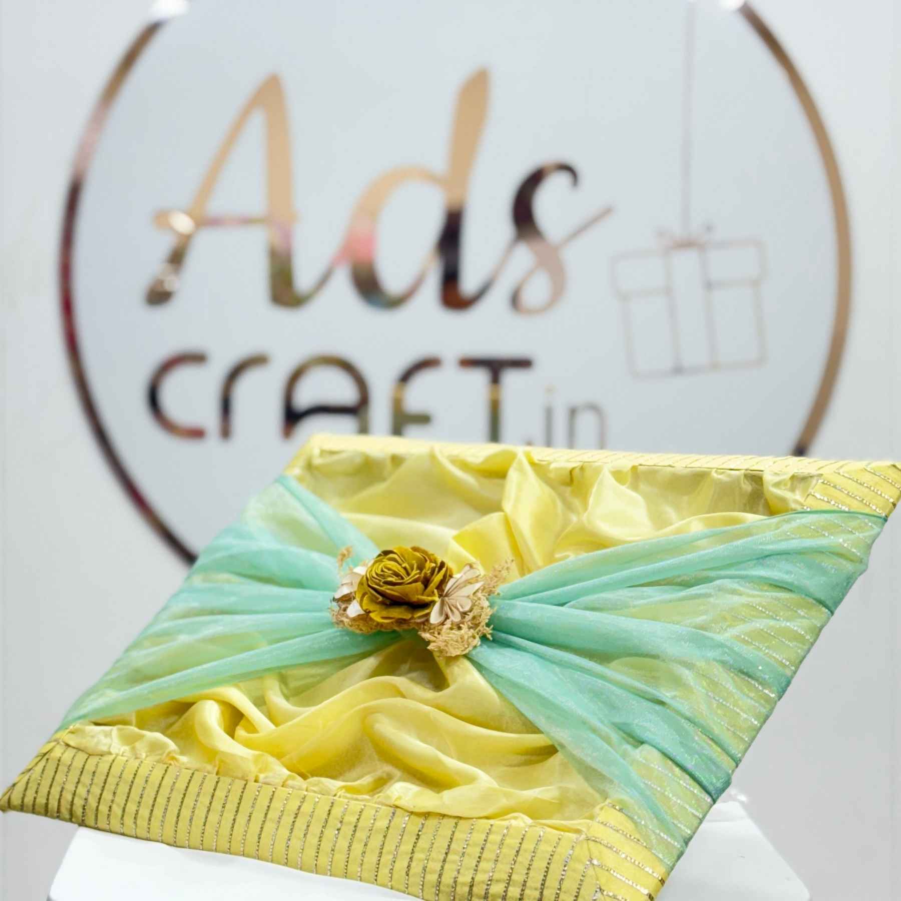 Ready-to-Use Wedding Trousseau Tray with Aqua Organza and flower decoration