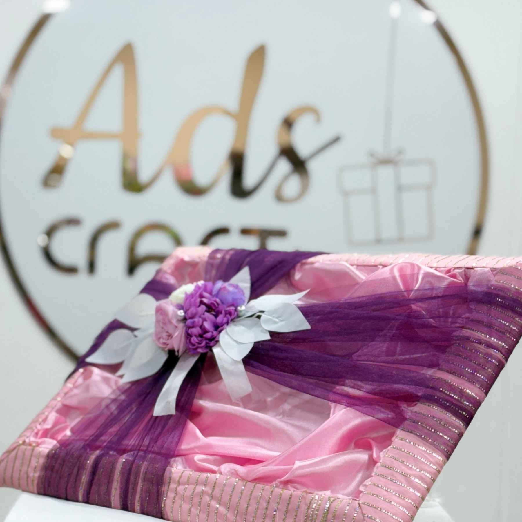 Ready-to-Use Wedding Trousseau Pink Tray with Purple Organza and White Flower Decoration