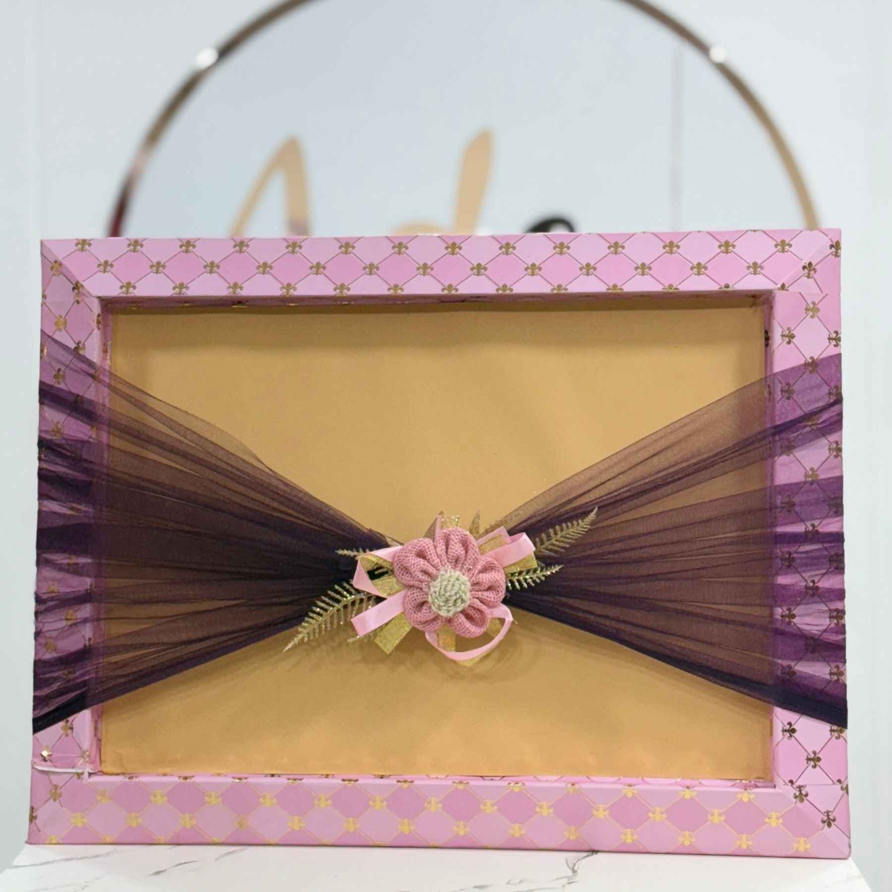 Elegant Ready-to-Use Wedding Trousseau Tray with Purple Organza and Crochet Flower